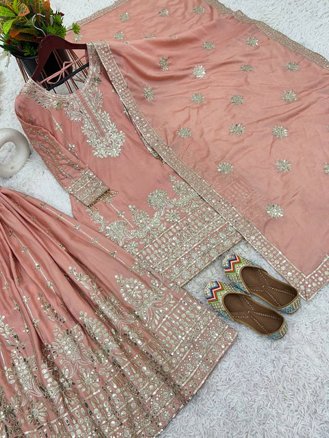 Peach Pure Chinnon With Heavy Embroidery Sequence Work Top-Bottom And Dupatta