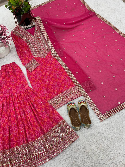 Pink Heavy Georgette With Digital Print and Embroidery Sequence Work Top-Bottom And Dupatta Set For Women