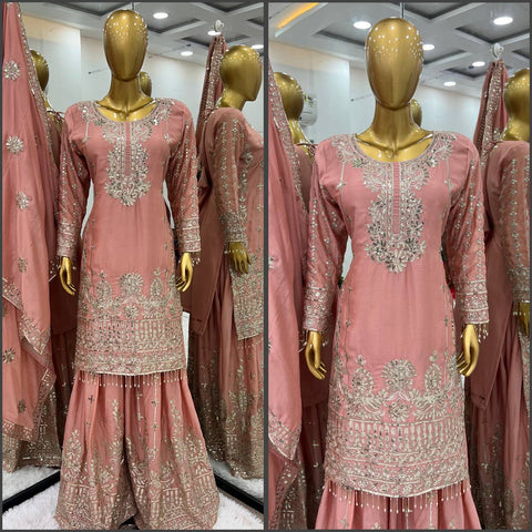 Peach Pure Chinnon With Heavy Embroidery Sequence Work Top-Bottom And Dupatta