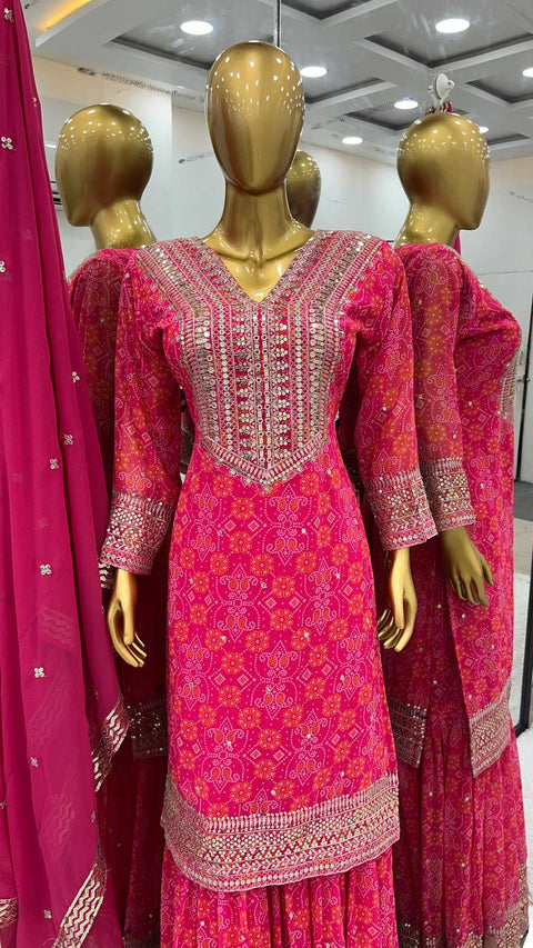 Pink Heavy Georgette With Digital Print and Embroidery Sequence Work Top-Bottom And Dupatta Set For Women