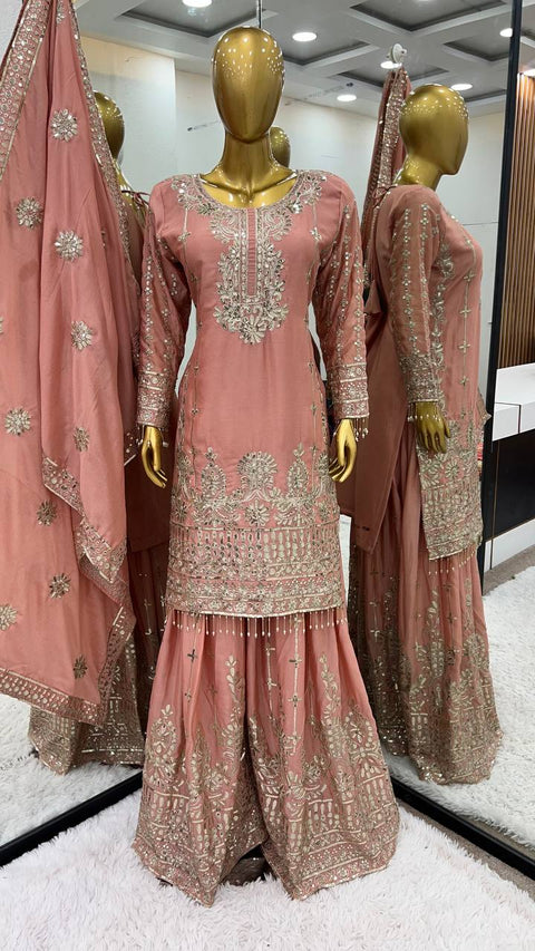 Peach Pure Chinnon With Heavy Embroidery Sequence Work Top-Bottom And Dupatta