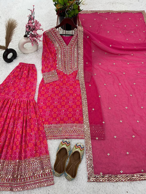 Pink Heavy Georgette With Digital Print and Embroidery Sequence Work Top-Bottom And Dupatta Set For Women