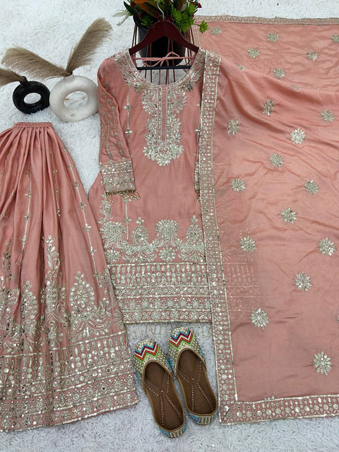 Peach Pure Chinnon With Heavy Embroidery Sequence Work Top-Bottom And Dupatta