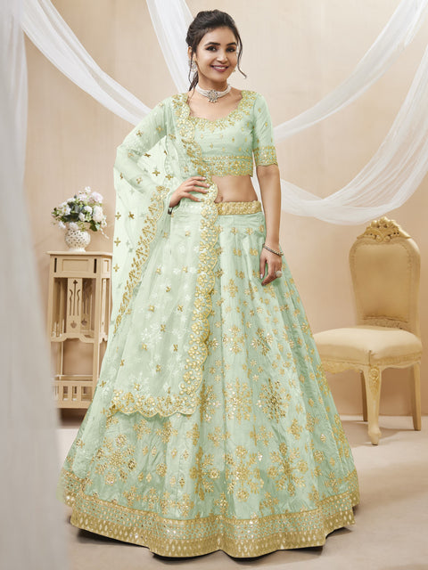 Pista Green Lovely Wedding wear Heavy Lehenga Choli for Women with Dupatta Sequence Lehenga Choli In USA