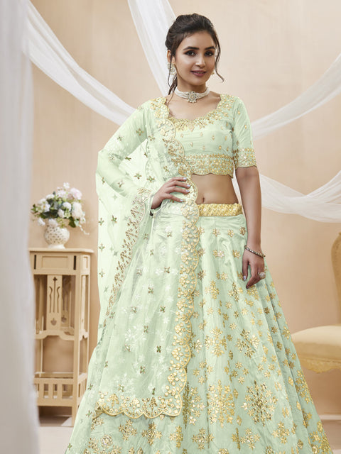 Pista Green Lovely Wedding wear Heavy Lehenga Choli for Women with Dupatta Sequence Lehenga Choli In USA