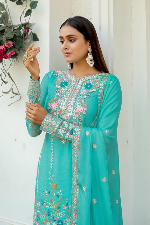 Graceful Sky Blue Party Wear Look Pur Chinon Silk Top Plazzo & Dupatta Set For Women In USA