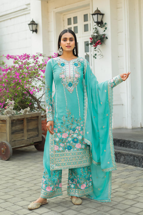 Graceful Sky Blue Party Wear Look Pur Chinon Silk Top Plazzo & Dupatta Set For Women In USA