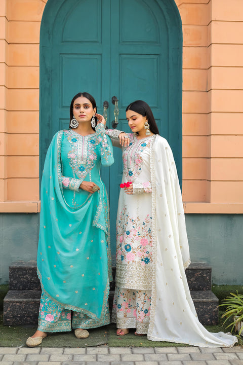 Graceful Sky Blue Party Wear Look Pur Chinon Silk Top Plazzo & Dupatta Set For Women In USA