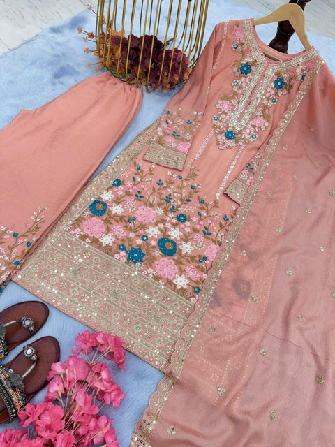 Pink Graceful Party Wear Look Pur Chinon Silk Top Plazzo & Dupatta Set For Women In USA