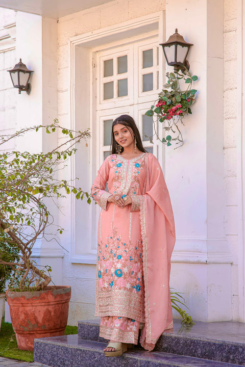 Pink Graceful Party Wear Look Pur Chinon Silk Top Plazzo & Dupatta Set For Women In USA