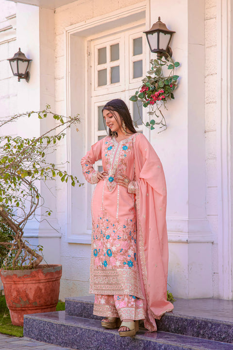 Pink Graceful Party Wear Look Pur Chinon Silk Top Plazzo & Dupatta Set For Women In USA