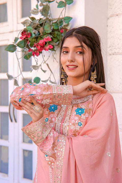 Pink Graceful Party Wear Look Pur Chinon Silk Top Plazzo & Dupatta Set For Women In USA