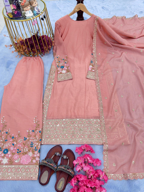 Pink Graceful Party Wear Look Pur Chinon Silk Top Plazzo & Dupatta Set For Women In USA