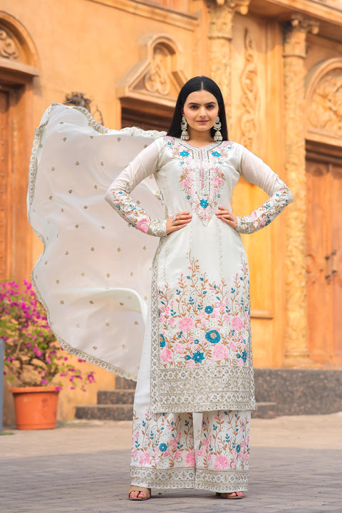 White Graceful Party Wear Look Pur Chinon Silk Top Plazzo & Dupatta Set For Women In USA