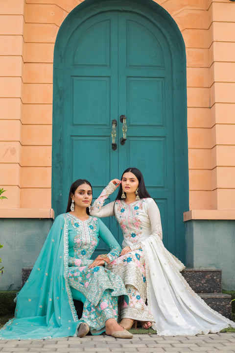 White Graceful Party Wear Look Pur Chinon Silk Top Plazzo & Dupatta Set For Women In USA