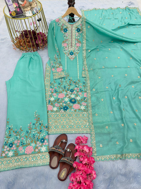 Graceful Sky Blue Party Wear Look Pur Chinon Silk Top Plazzo & Dupatta Set For Women In USA