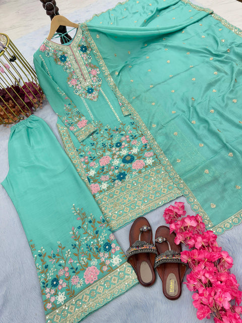 Graceful Sky Blue Party Wear Look Pur Chinon Silk Top Plazzo & Dupatta Set For Women In USA