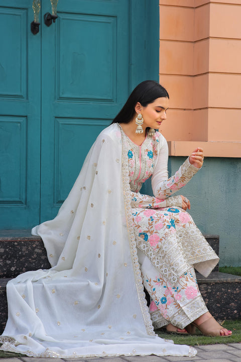 White Graceful Party Wear Look Pur Chinon Silk Top Plazzo & Dupatta Set For Women In USA