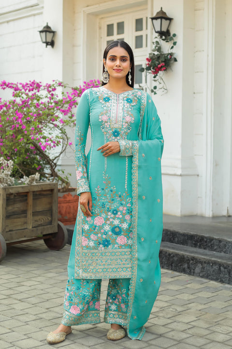 Graceful Sky Blue Party Wear Look Pur Chinon Silk Top Plazzo & Dupatta Set For Women In USA