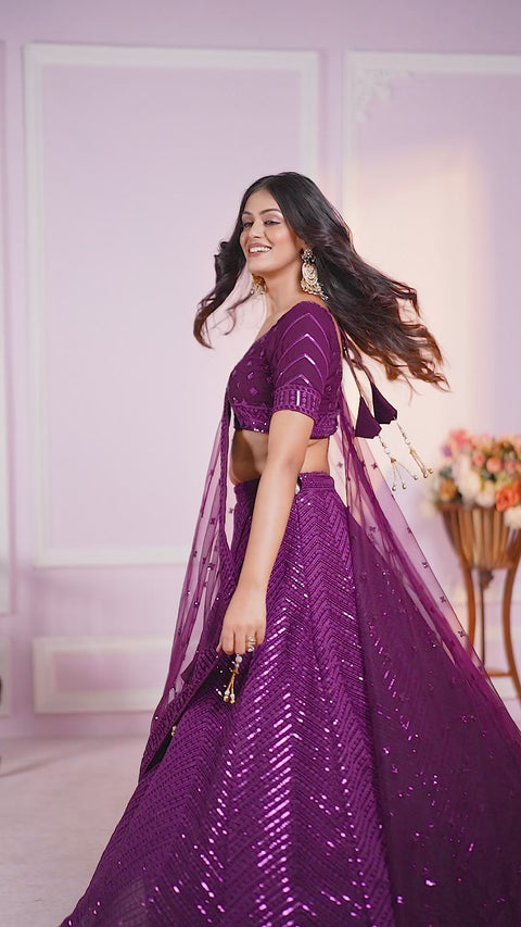 Mesmerizing Purple Party wear Heavy Lehenga Choli for Women with Dupatta Sequence Lehenga Choli In USA