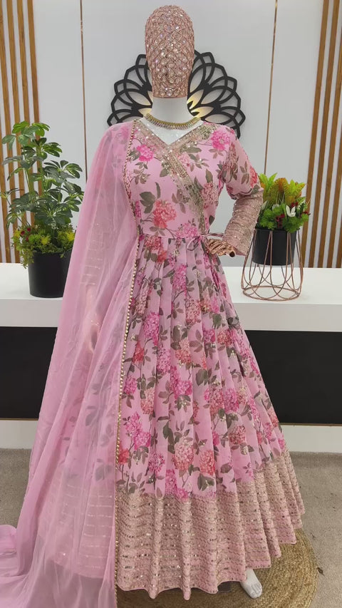 Pink Designer Party Wear Look Gown,Bottom and Dupatta in Embroidery Sequence Work and Digital Print Dress For Woman