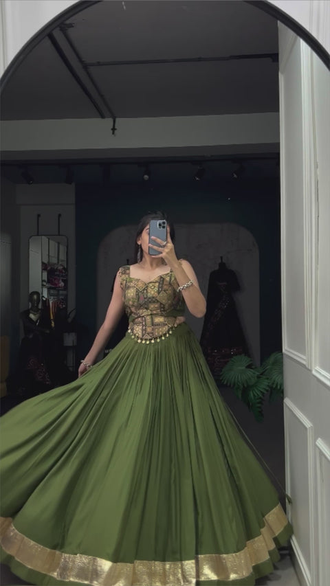 Green Graceful Navratri Vibes in Rayon & Silk Fusion Lehenga Choli For Women