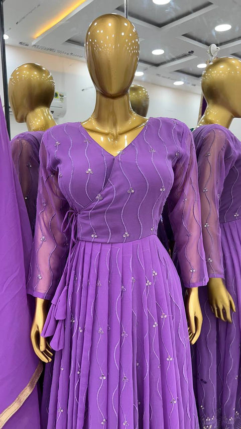 Purple Party Wear Look Full Heavy Embroidery Sequence Work Gown With Attached Pad and Fully Stiched Bottom and Dupatta For Women