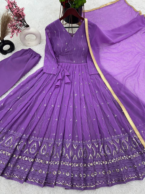 Purple Party Wear Look Full Heavy Embroidery Sequence Work Gown With Attached Pad and Fully Stiched Bottom and Dupatta For Women