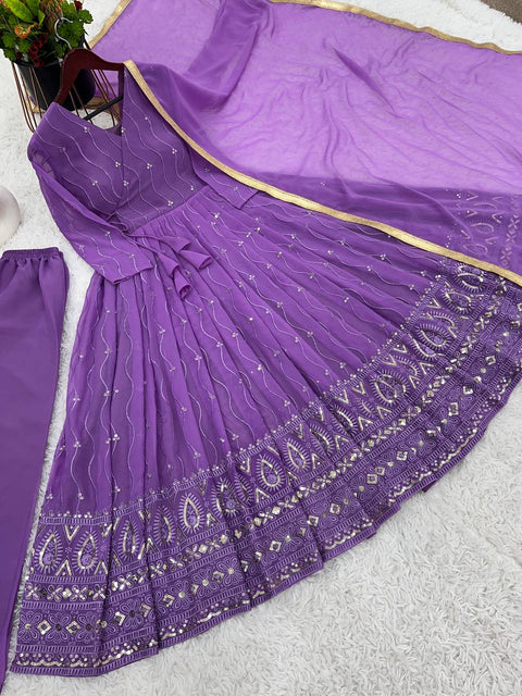 Purple Party Wear Look Full Heavy Embroidery Sequence Work Gown With Attached Pad and Fully Stiched Bottom and Dupatta For Women