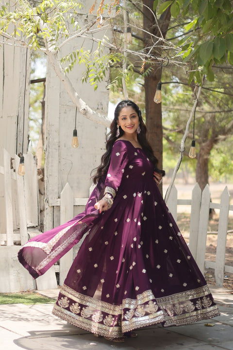 Purple Get ready to shine with these stunning outfit Made from Faux Blooming And Sequins Embroidered Work.