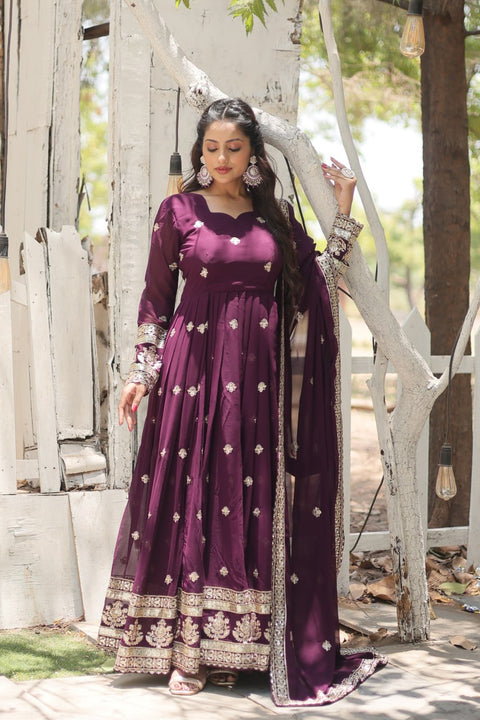 Purple Get ready to shine with these stunning outfit Made from Faux Blooming And Sequins Embroidered Work.