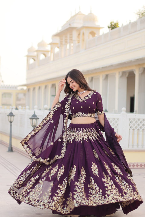 Wine Embroidered Fully Flaired Georgette Lehenga Made with Rich Sequins And Thread Embroidered Work  With Stunning Blouse And Dupatta.