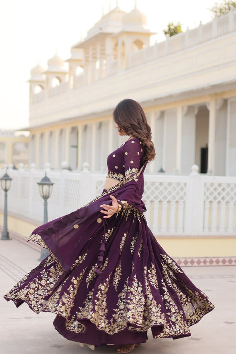 Wine Embroidered Fully Flaired Georgette Lehenga Made with Rich Sequins And Thread Embroidered Work  With Stunning Blouse And Dupatta.