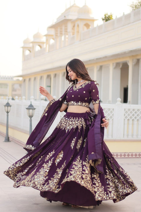 Wine Embroidered Fully Flaired Georgette Lehenga Made with Rich Sequins And Thread Embroidered Work  With Stunning Blouse And Dupatta.