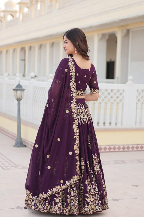 Wine Embroidered Fully Flaired Georgette Lehenga Made with Rich Sequins And Thread Embroidered Work  With Stunning Blouse And Dupatta.