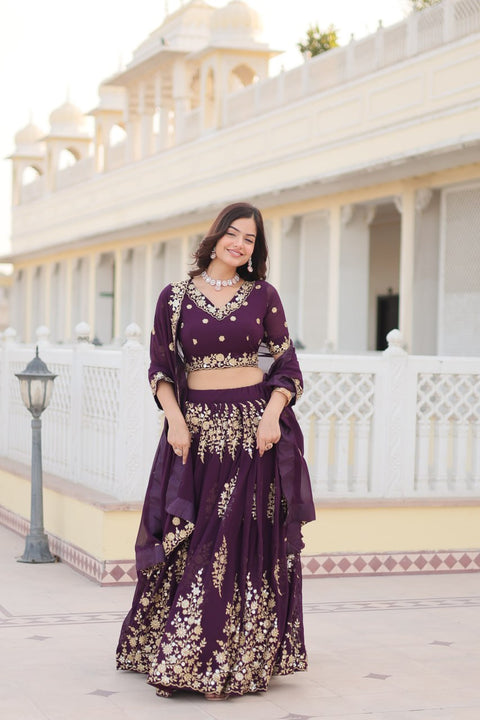 Wine Embroidered Fully Flaired Georgette Lehenga Made with Rich Sequins And Thread Embroidered Work  With Stunning Blouse And Dupatta.