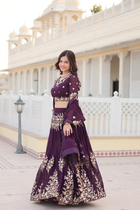 Wine Embroidered Fully Flaired Georgette Lehenga Made with Rich Sequins And Thread Embroidered Work  With Stunning Blouse And Dupatta.