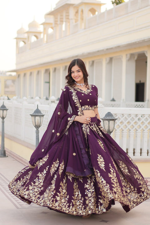 Wine Embroidered Fully Flaired Georgette Lehenga Made with Rich Sequins And Thread Embroidered Work  With Stunning Blouse And Dupatta.