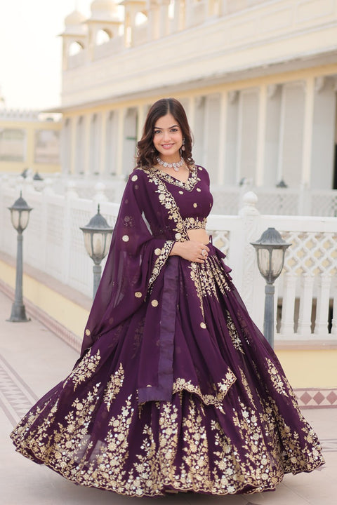 Wine Embroidered Fully Flaired Georgette Lehenga Made with Rich Sequins And Thread Embroidered Work  With Stunning Blouse And Dupatta.