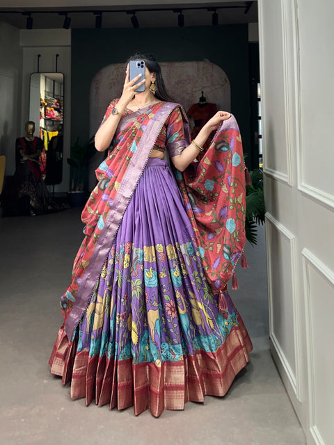 Purple Subtle shades, bold heritage: Kalamkari Dola silk charm Lehenga choli for women in wedding