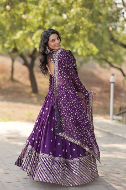 Purple Designer Lehenga collection Made with Faux Blooming With Sequins And thread Embroidered work Lehenga Choli with Dupatta