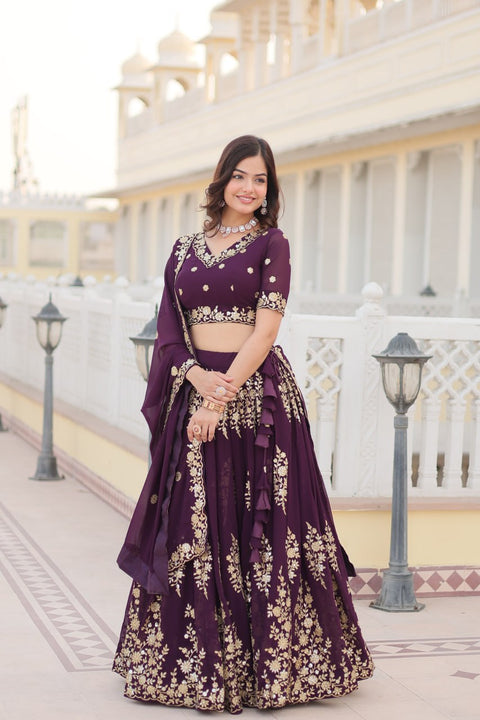 Wine Embroidered Fully Flaired Georgette Lehenga Made with Rich Sequins And Thread Embroidered Work  With Stunning Blouse And Dupatta.