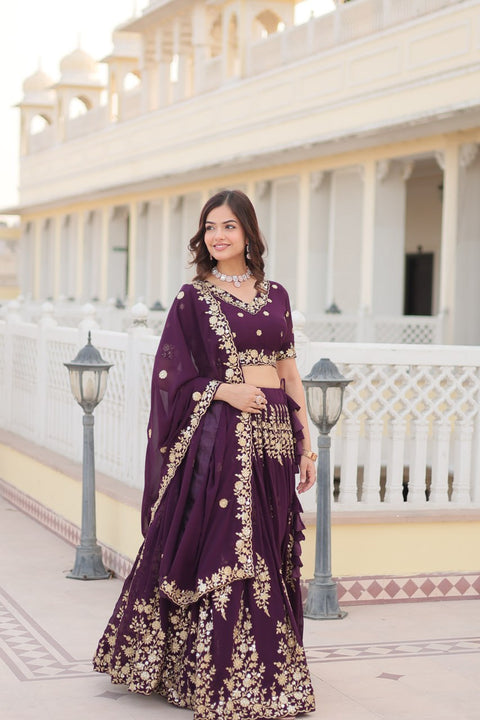 Wine Embroidered Fully Flaired Georgette Lehenga Made with Rich Sequins And Thread Embroidered Work  With Stunning Blouse And Dupatta.