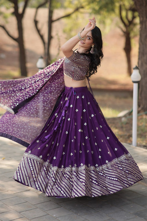 Purple Designer Lehenga collection Made with Faux Blooming With Sequins And thread Embroidered work Lehenga Choli with Dupatta