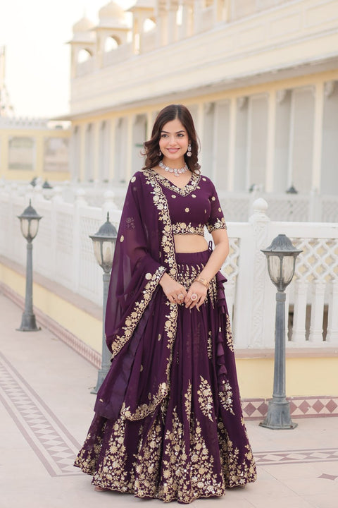 Wine Embroidered Fully Flaired Georgette Lehenga Made with Rich Sequins And Thread Embroidered Work  With Stunning Blouse And Dupatta.