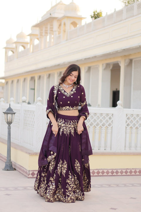 Wine Embroidered Fully Flaired Georgette Lehenga Made with Rich Sequins And Thread Embroidered Work  With Stunning Blouse And Dupatta.