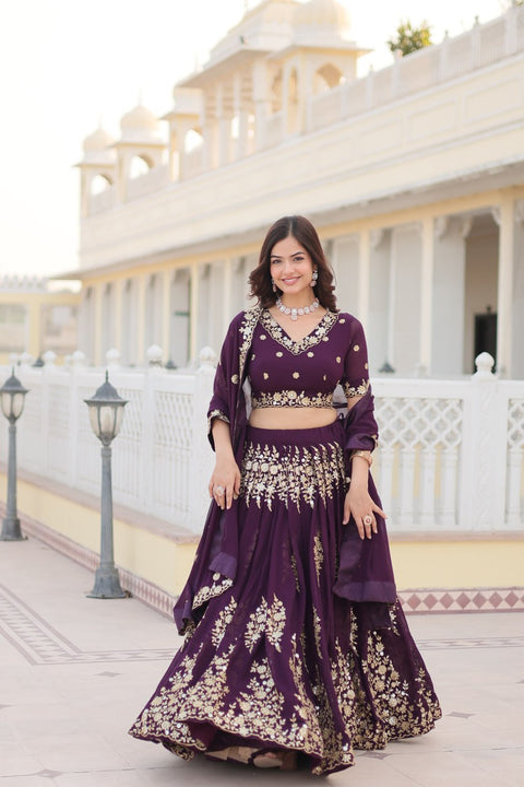 Wine Embroidered Fully Flaired Georgette Lehenga Made with Rich Sequins And Thread Embroidered Work  With Stunning Blouse And Dupatta.