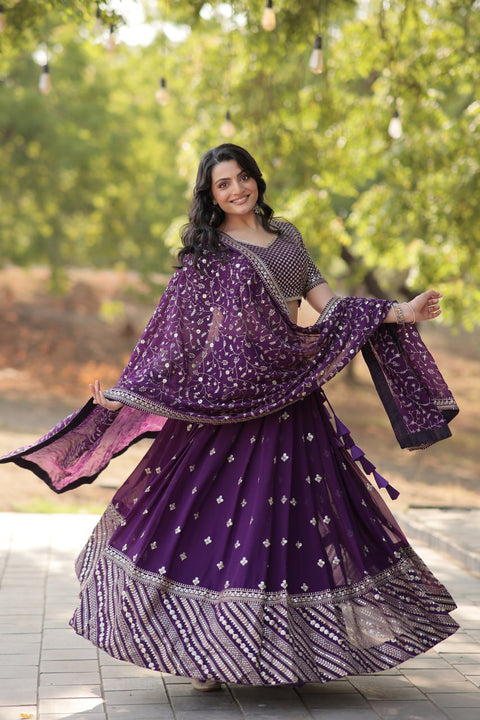 Purple Designer Lehenga collection Made with Faux Blooming With Sequins And thread Embroidered work Lehenga Choli with Dupatta