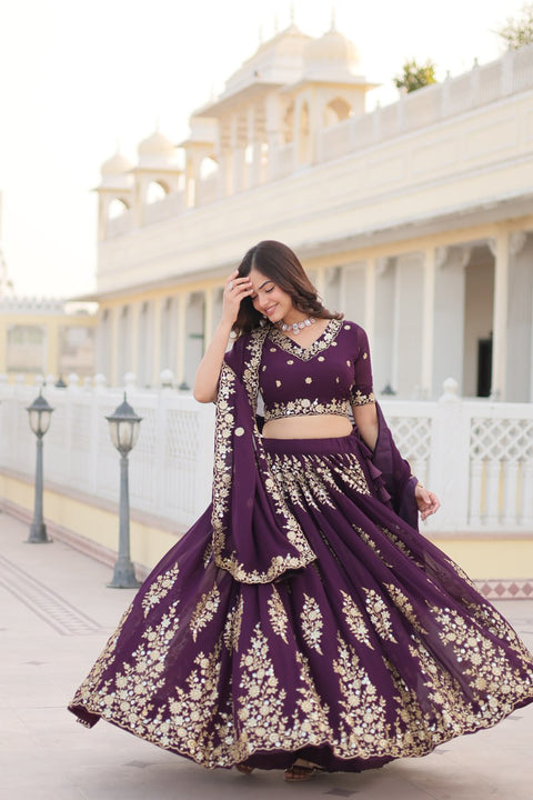 Wine Embroidered Fully Flaired Georgette Lehenga Made with Rich Sequins And Thread Embroidered Work  With Stunning Blouse And Dupatta.