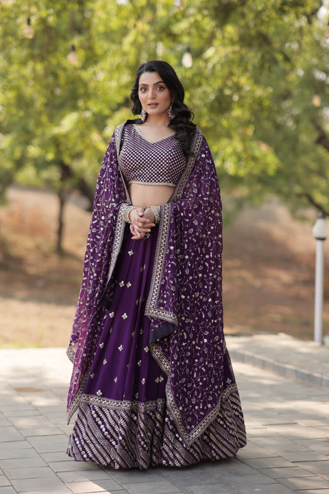 Purple Designer Lehenga collection Made with Faux Blooming With Sequins And thread Embroidered work Lehenga Choli with Dupatta